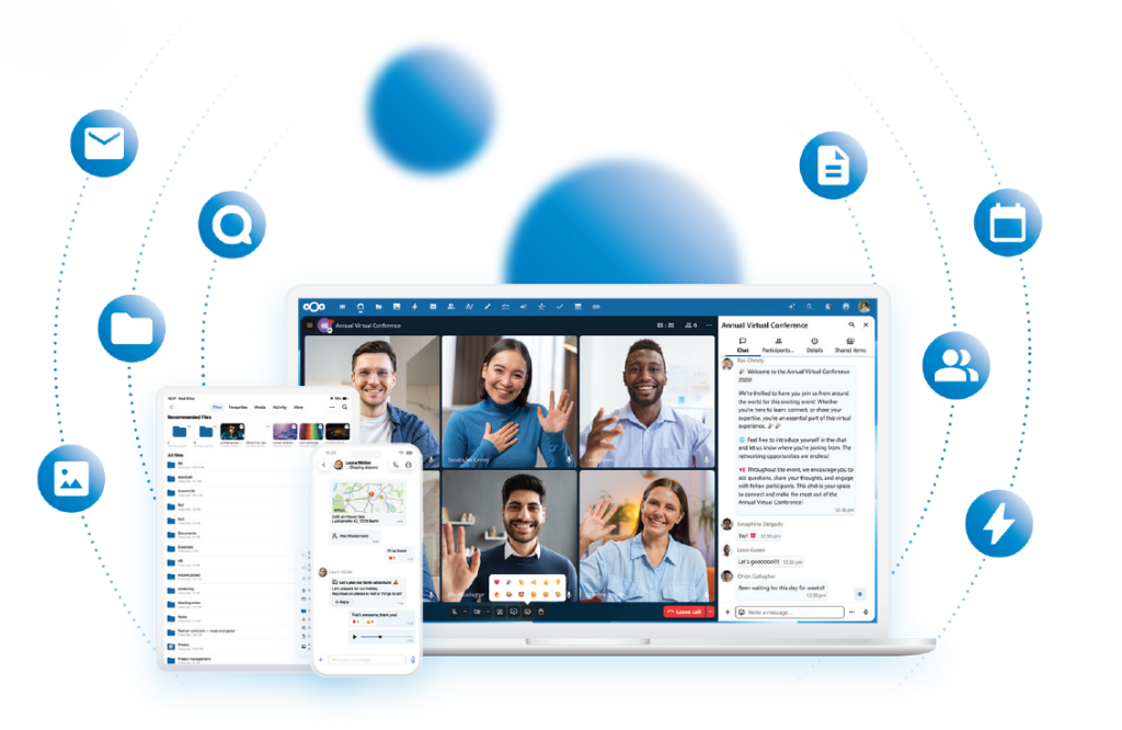 Interfaz de Nextcloud Enterprise mostrando colaboración, gestión de archivos y comunicación empresarial segura